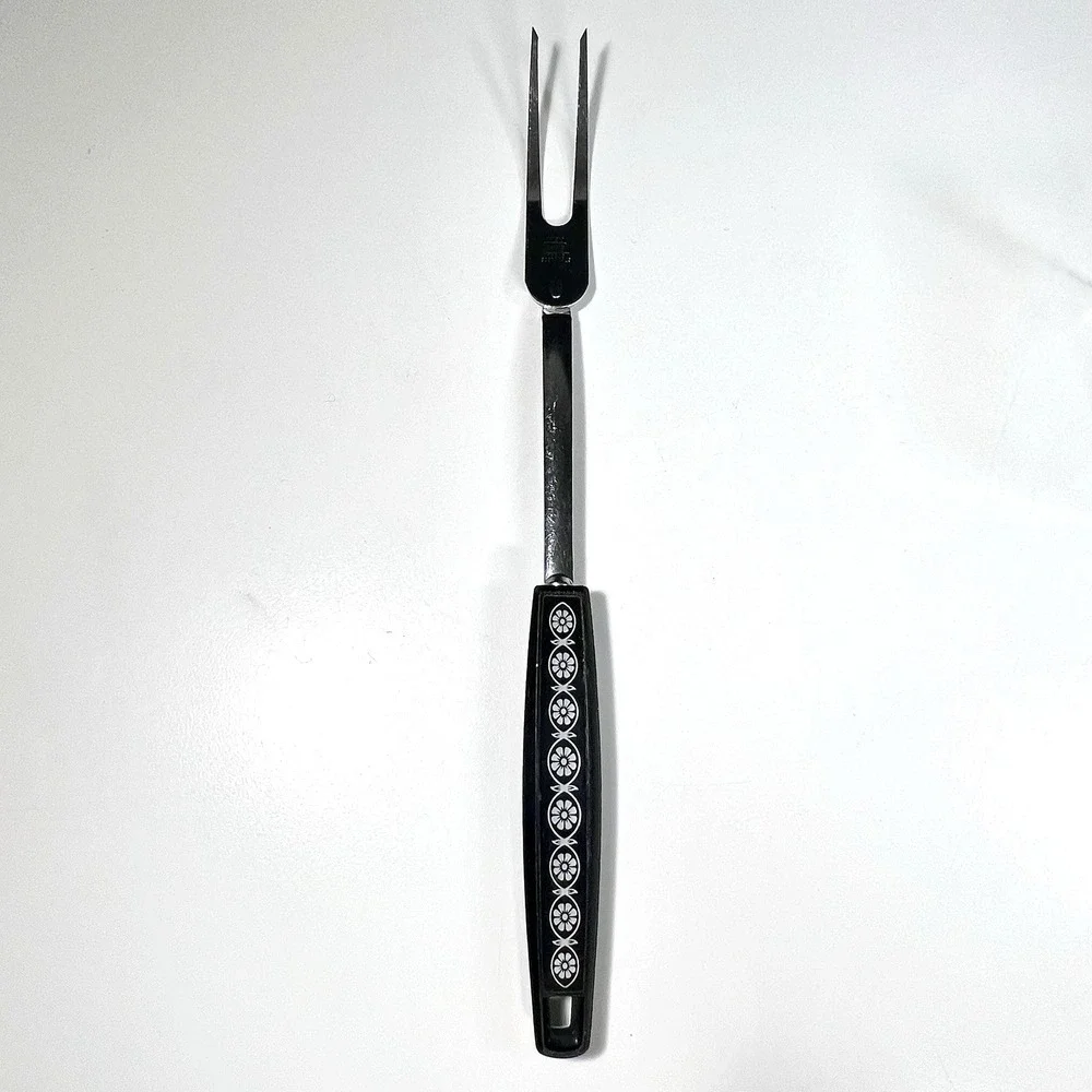 Vintage EKCO Stainless Steel Meat Carving Fork Black Floral Handle MCM‎ 12